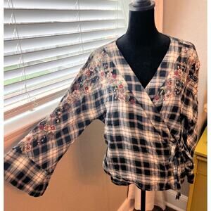 Zara Trefeluc wrap plaid w/ floral embroidery detail blouse‎ w/ bell sleeves. S